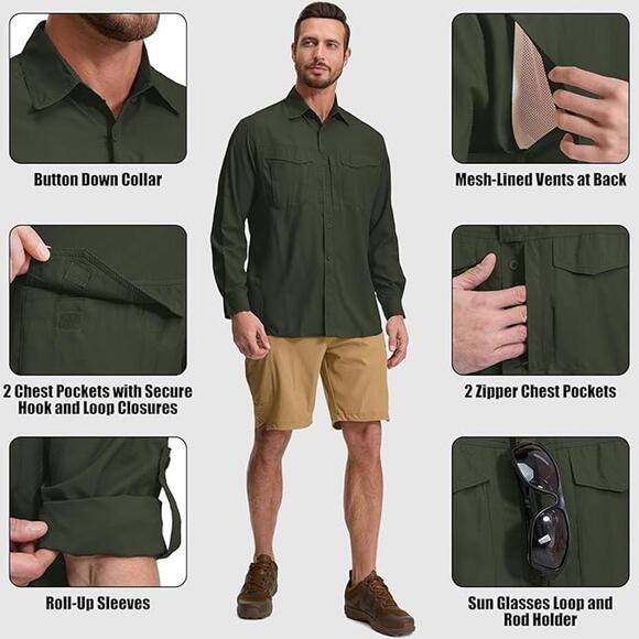 mixtiq Men's Casual Long Sleeve‎ Button-Up Shirt Vented UPF 40 - Olive Green M - Picture 12 of 15